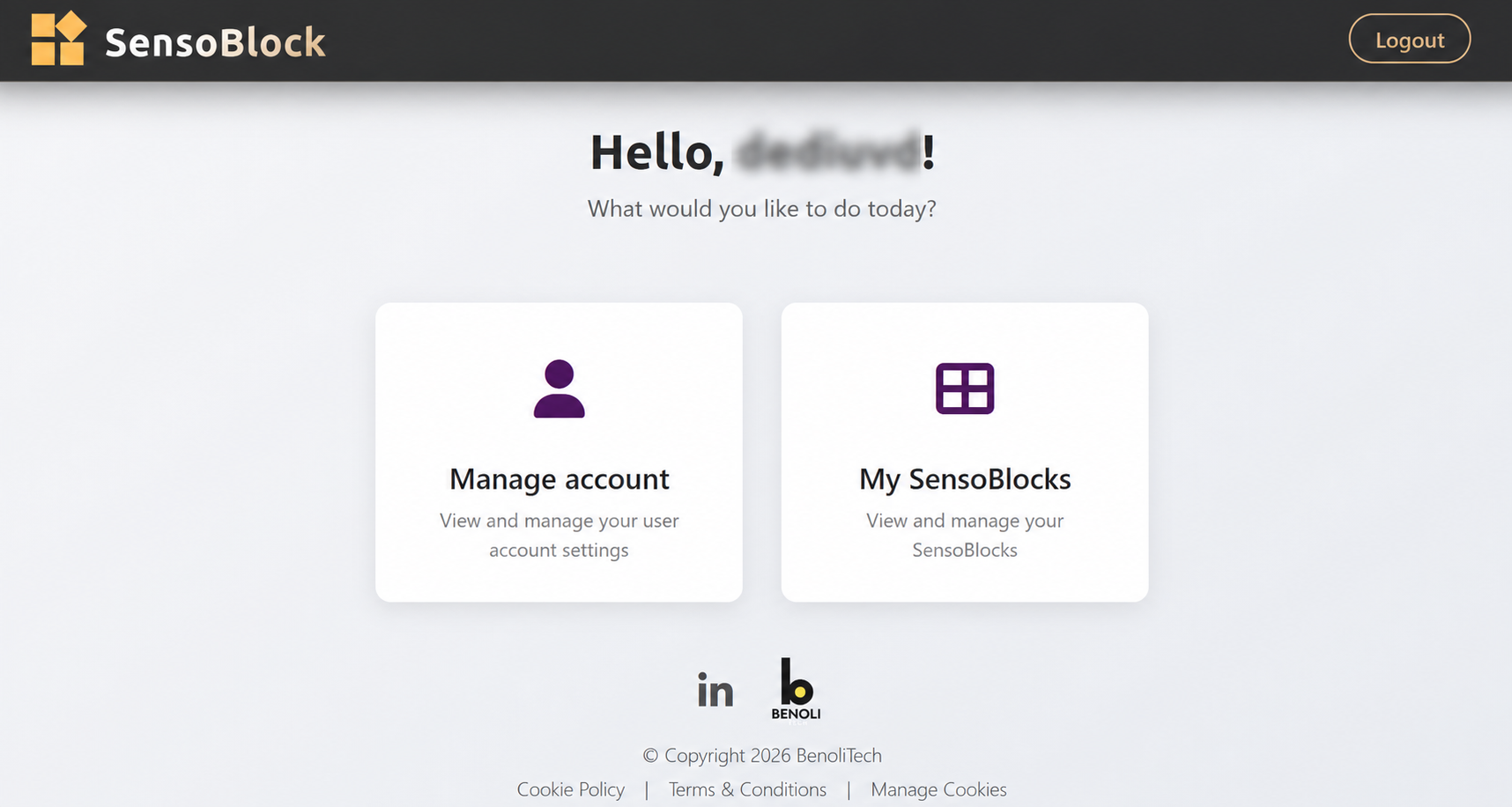SensoBlock dashboard with blurred username